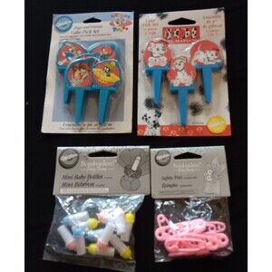 Vintage Bugs Bunny 101 Dalmations Baby Shower Bottles Pins Cake Toppers 1995